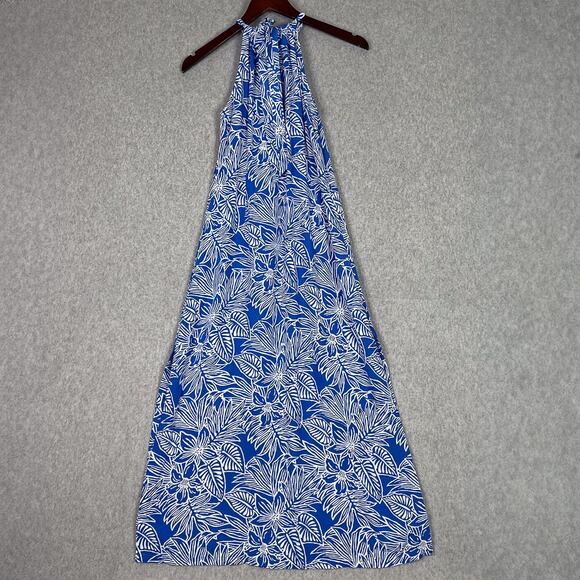 Blue Ginger Blue Floral Hawaiian Sleeveless Halter Neck Midi Dress Size XS - Picture 6 of 11